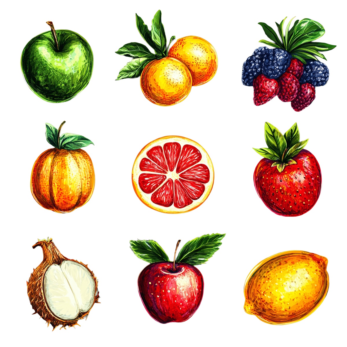 Various colorful fruits including apples, citrus, and berries in vibrant colors