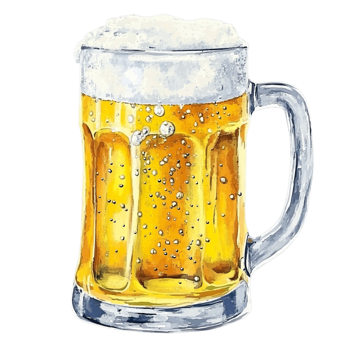 Beer mug filled with frothy golden lager and visible bubbles.