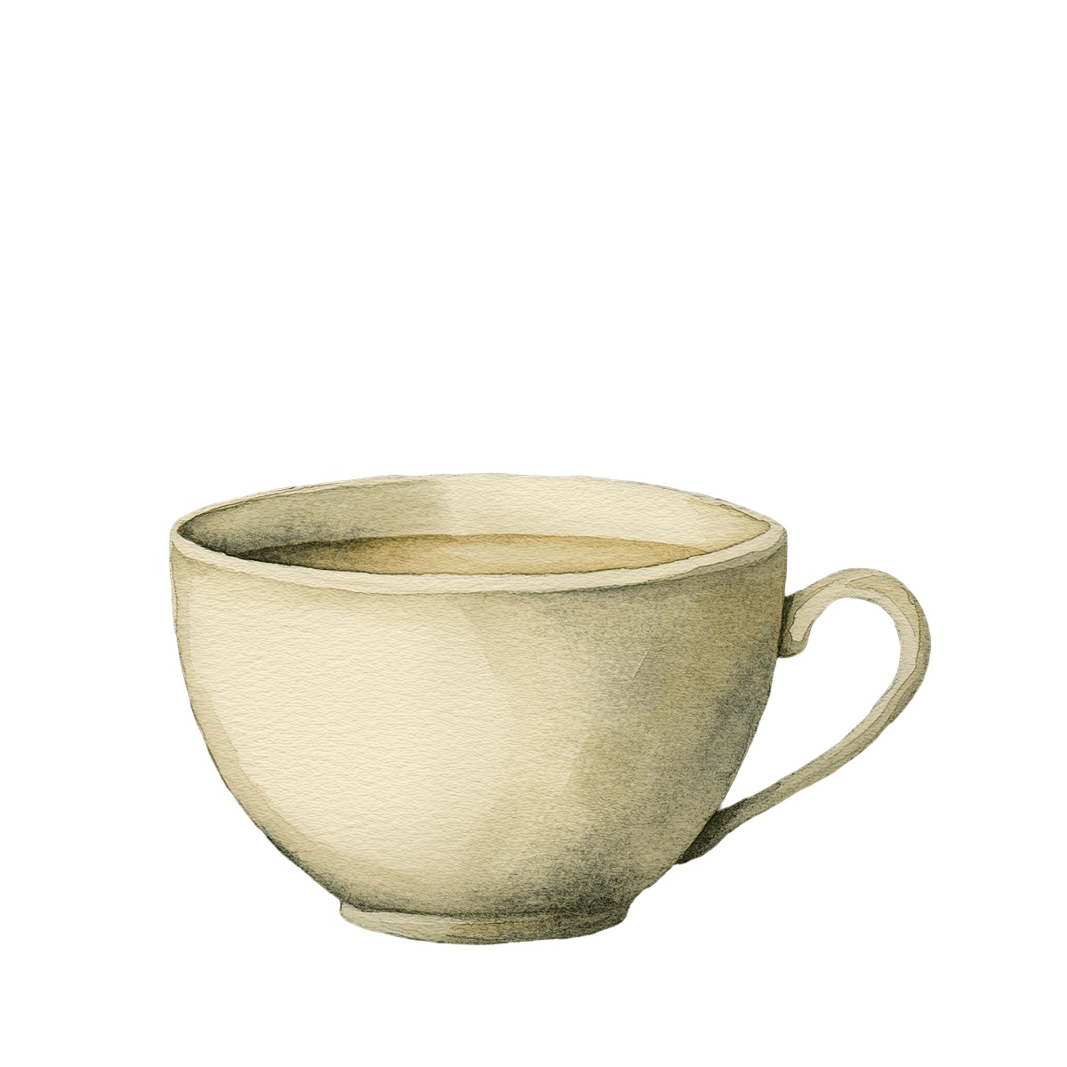 Beige ceramic teacup filled with warm tea, handle on the side.