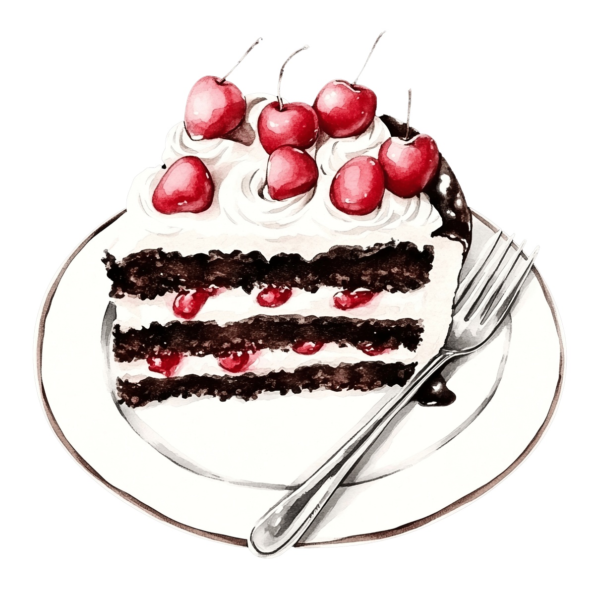 Black Forest cake slice with cherries and cream on a plate with a fork.