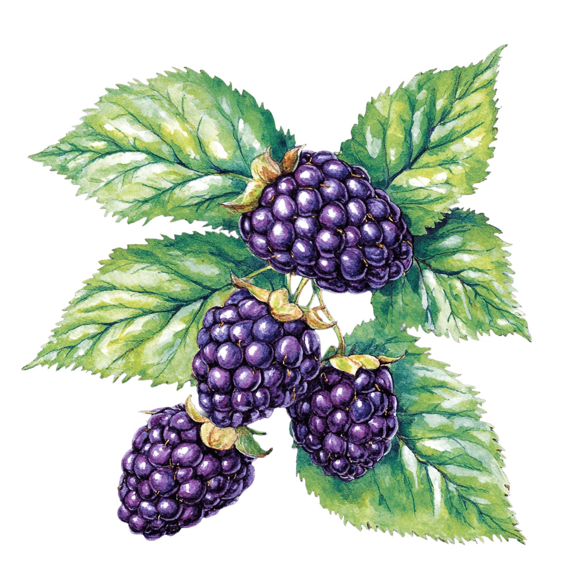 Blackberries with green leaves in a detailed clipart design