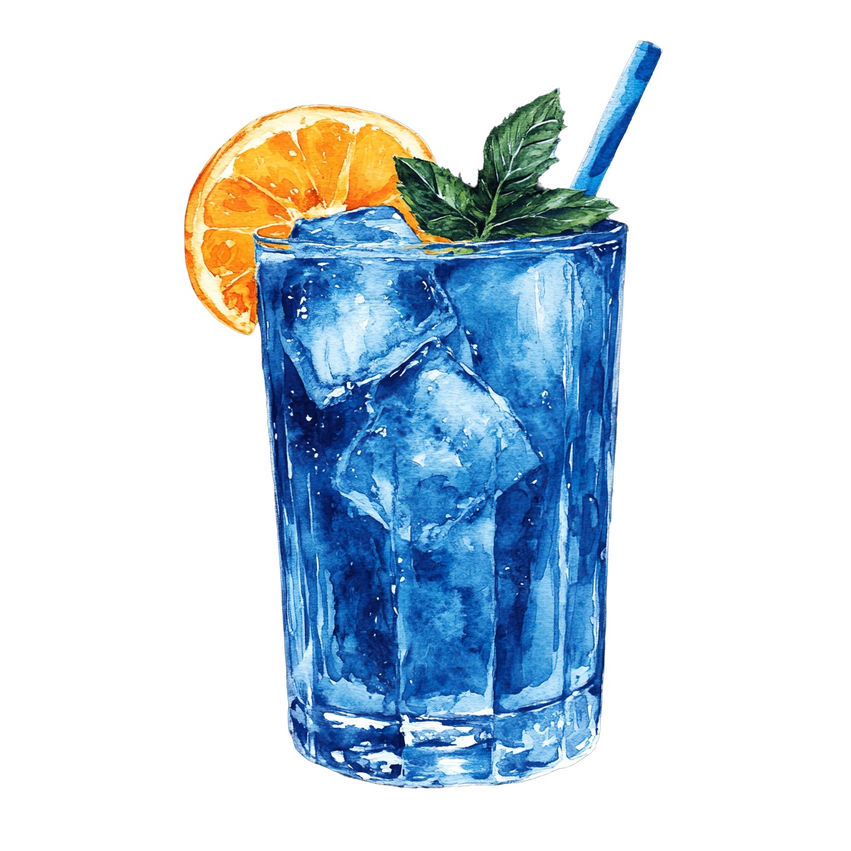 Blue cocktail with ice, orange slice, mint leaves, and straw in a glass