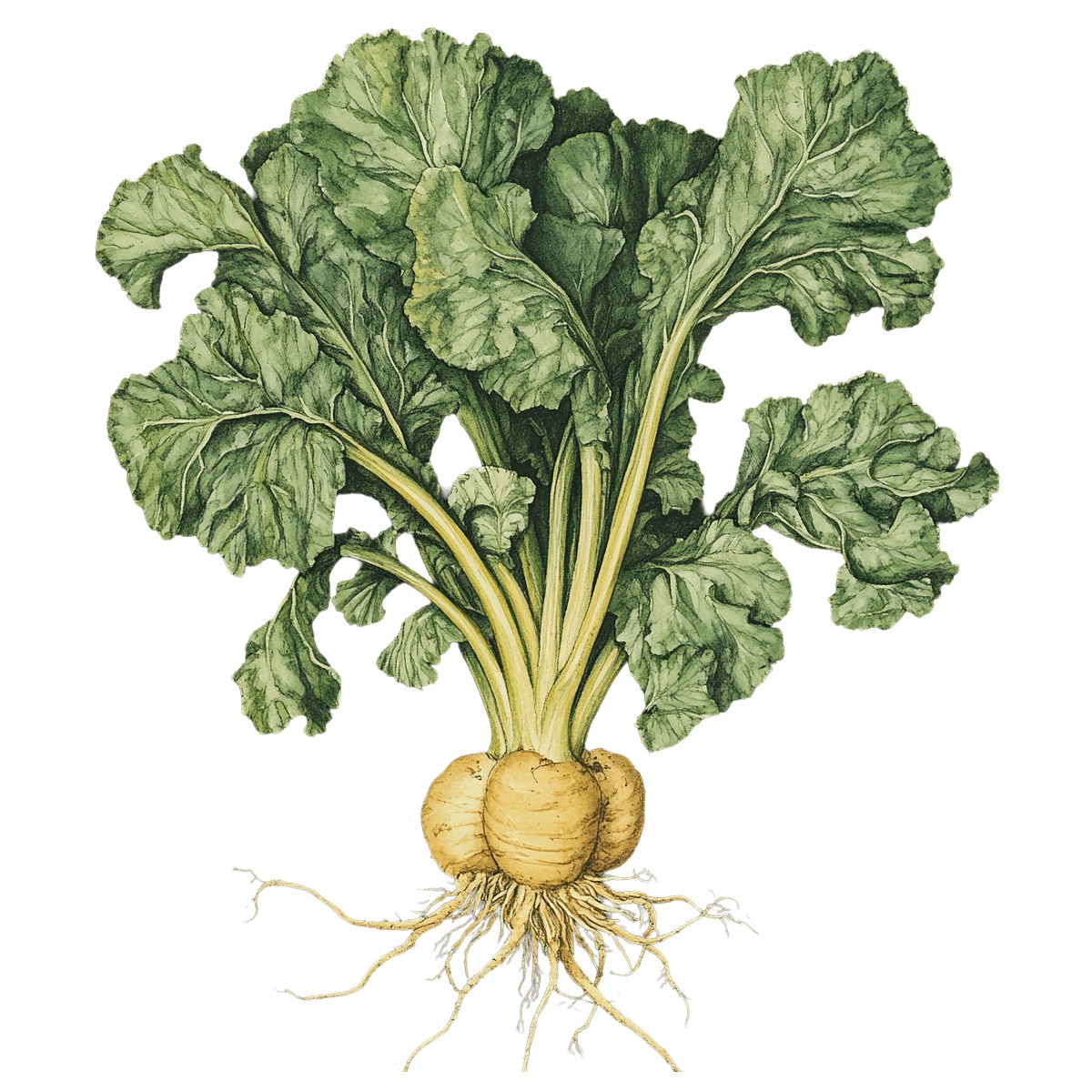 Sugar beet plant with green leaves and detailed root system.