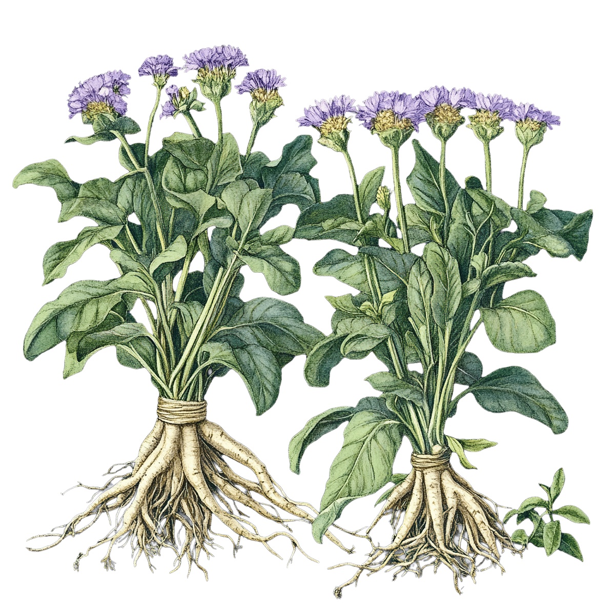 Botanical art of flowering plants with roots and purple flowers.