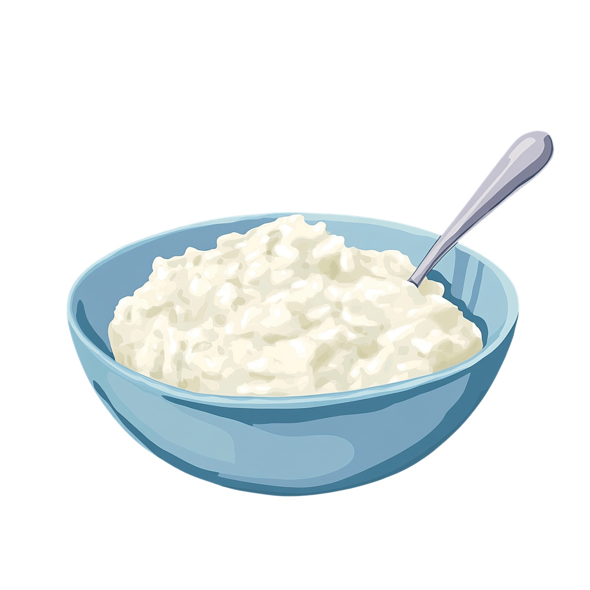Cottage cheese in a blue bowl with a spoon on the side.