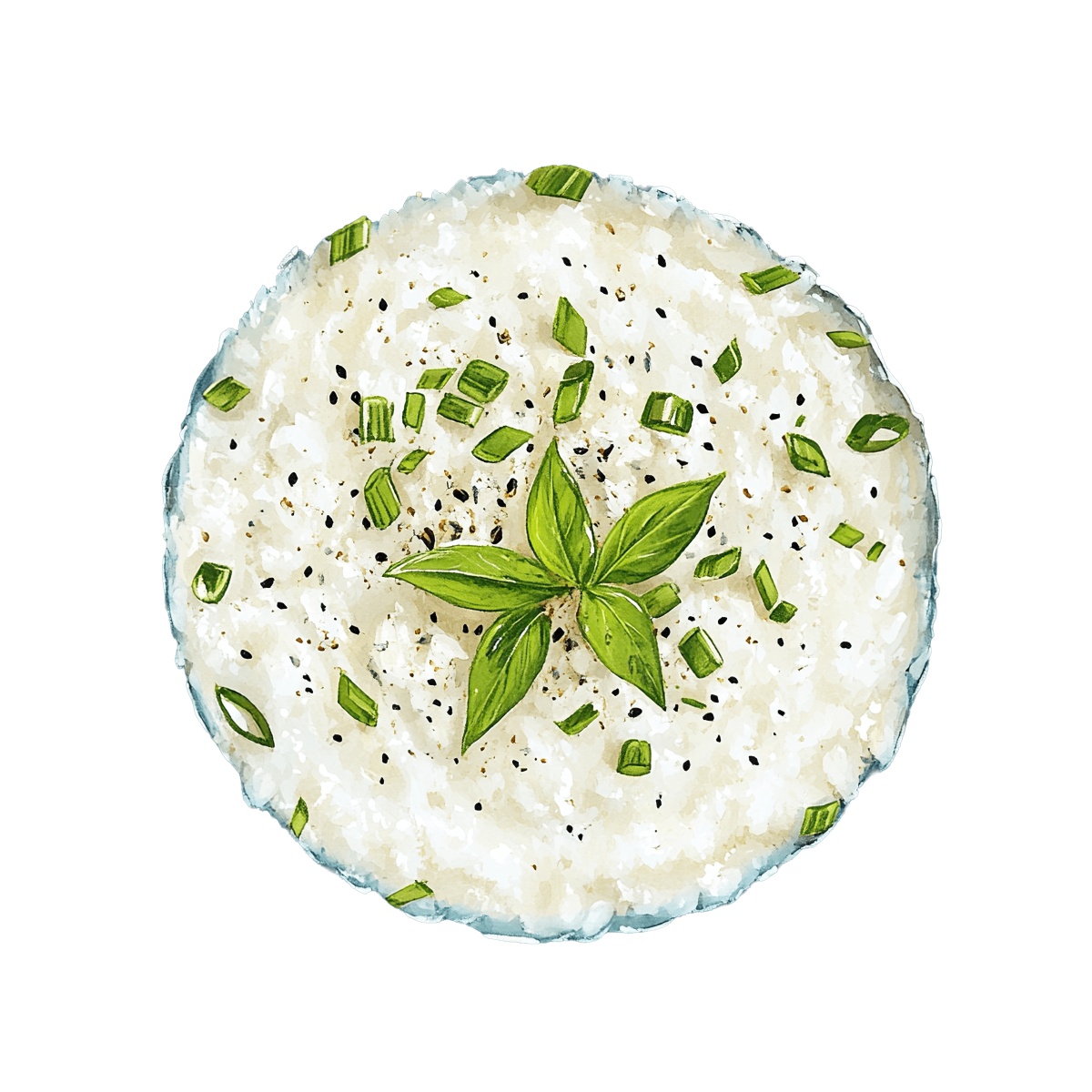 Bowl of rice garnished with green herbs and black pepper.