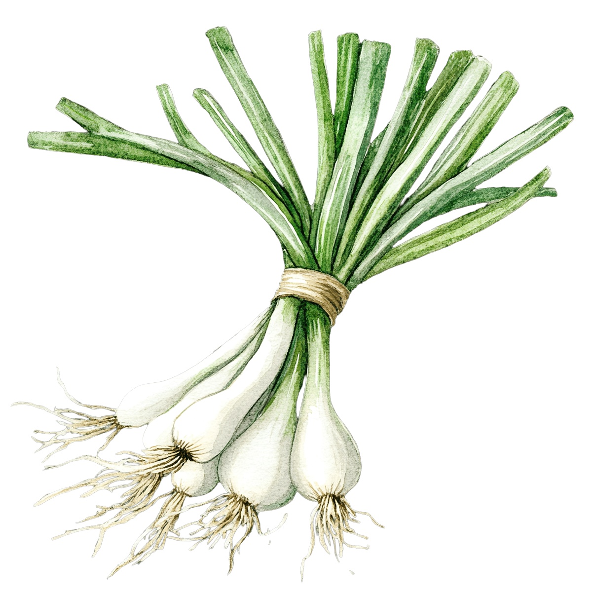 Bunch of green onions with roots tied together.