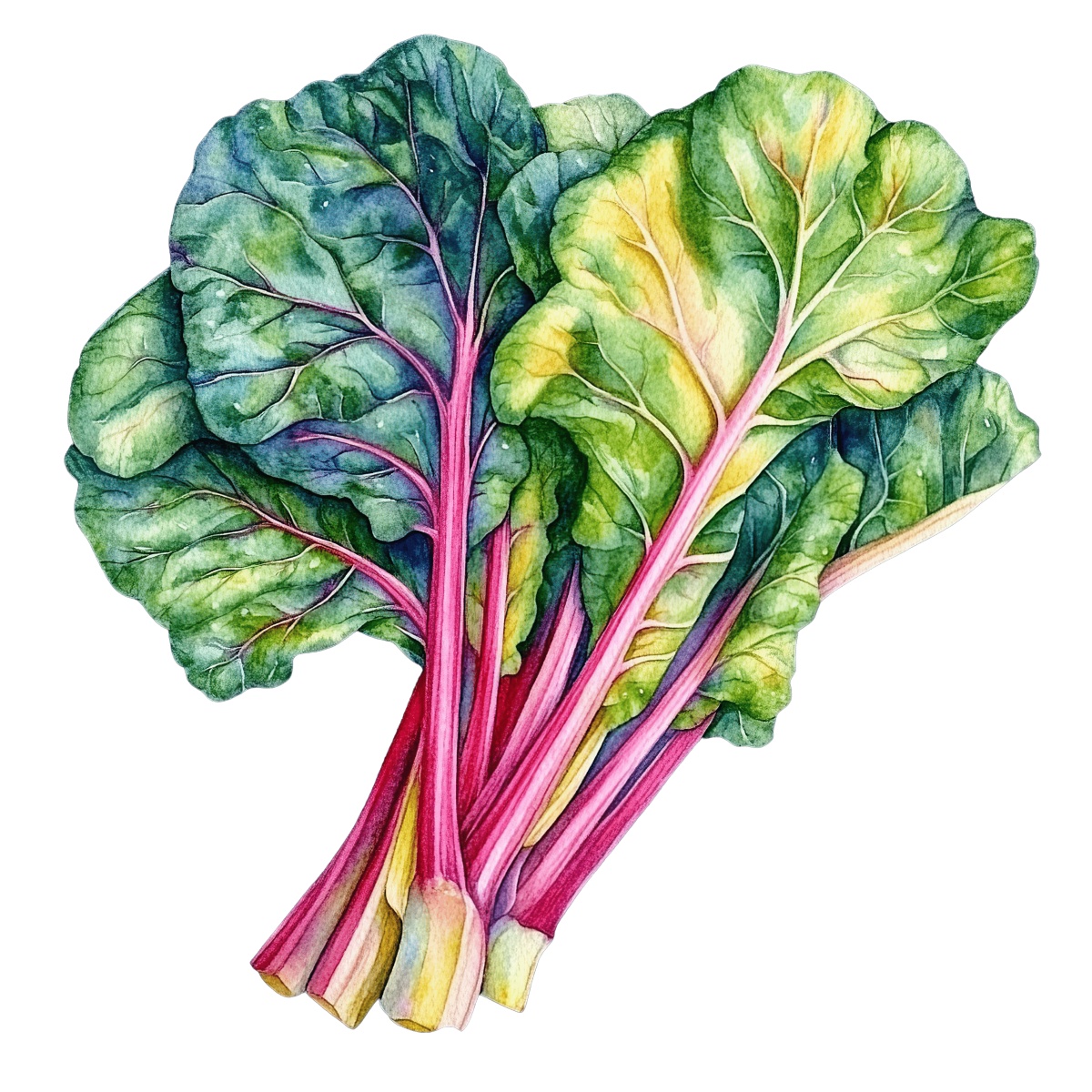 Swiss chard leaves with red and green stems in a clipart style.