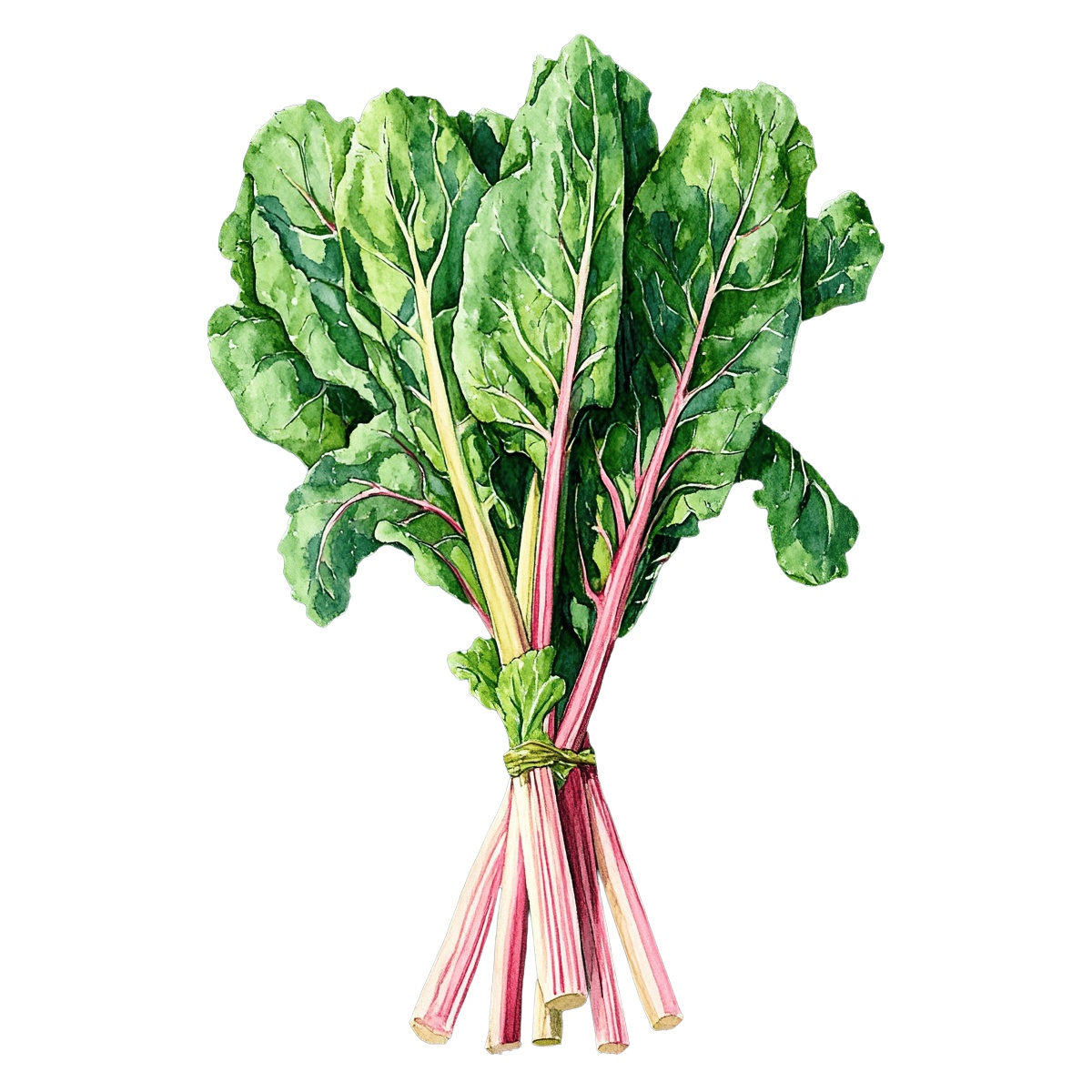 Bunch of Swiss chard with green leaves and pink stems.