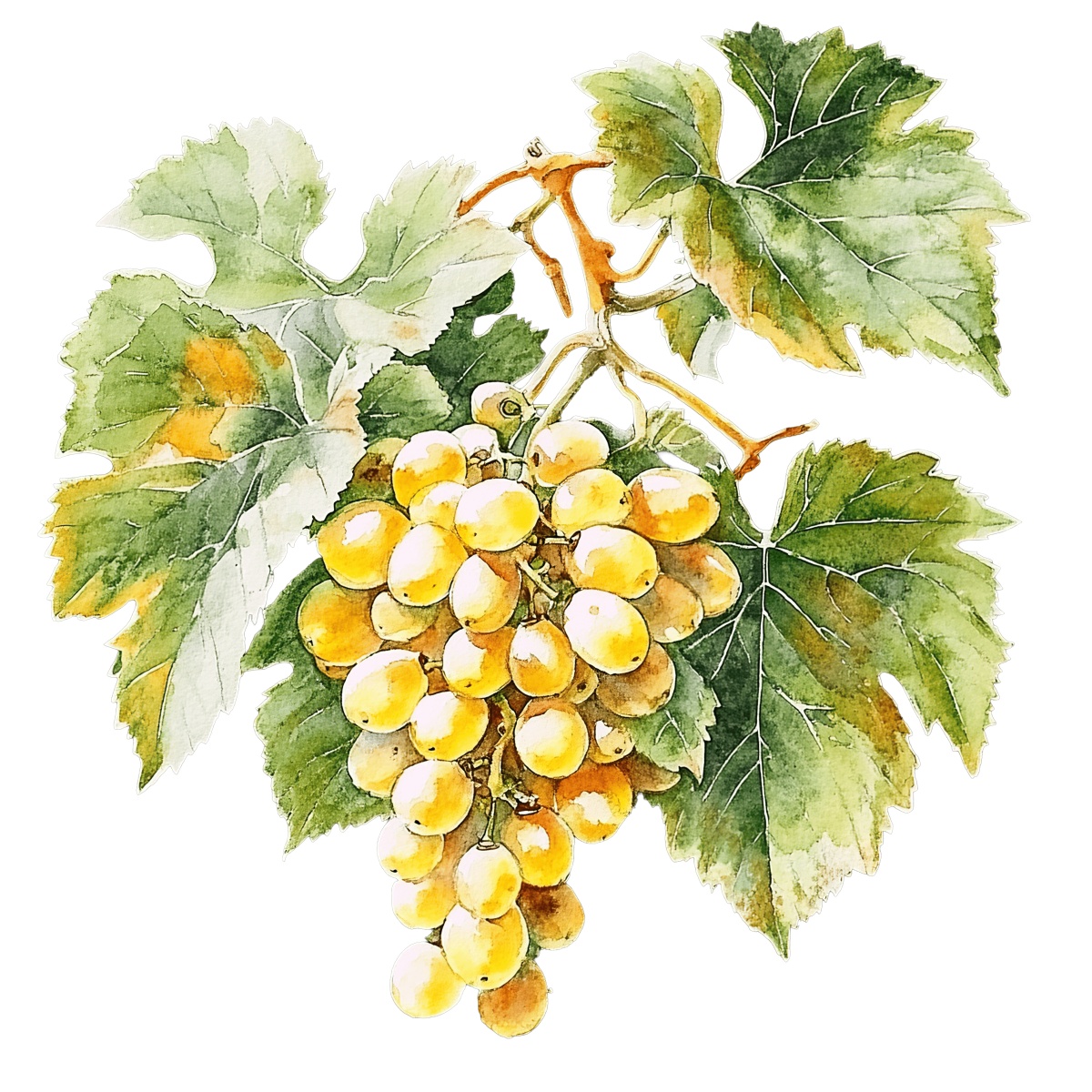 Bunch of yellow grapes with green leaves on a vine