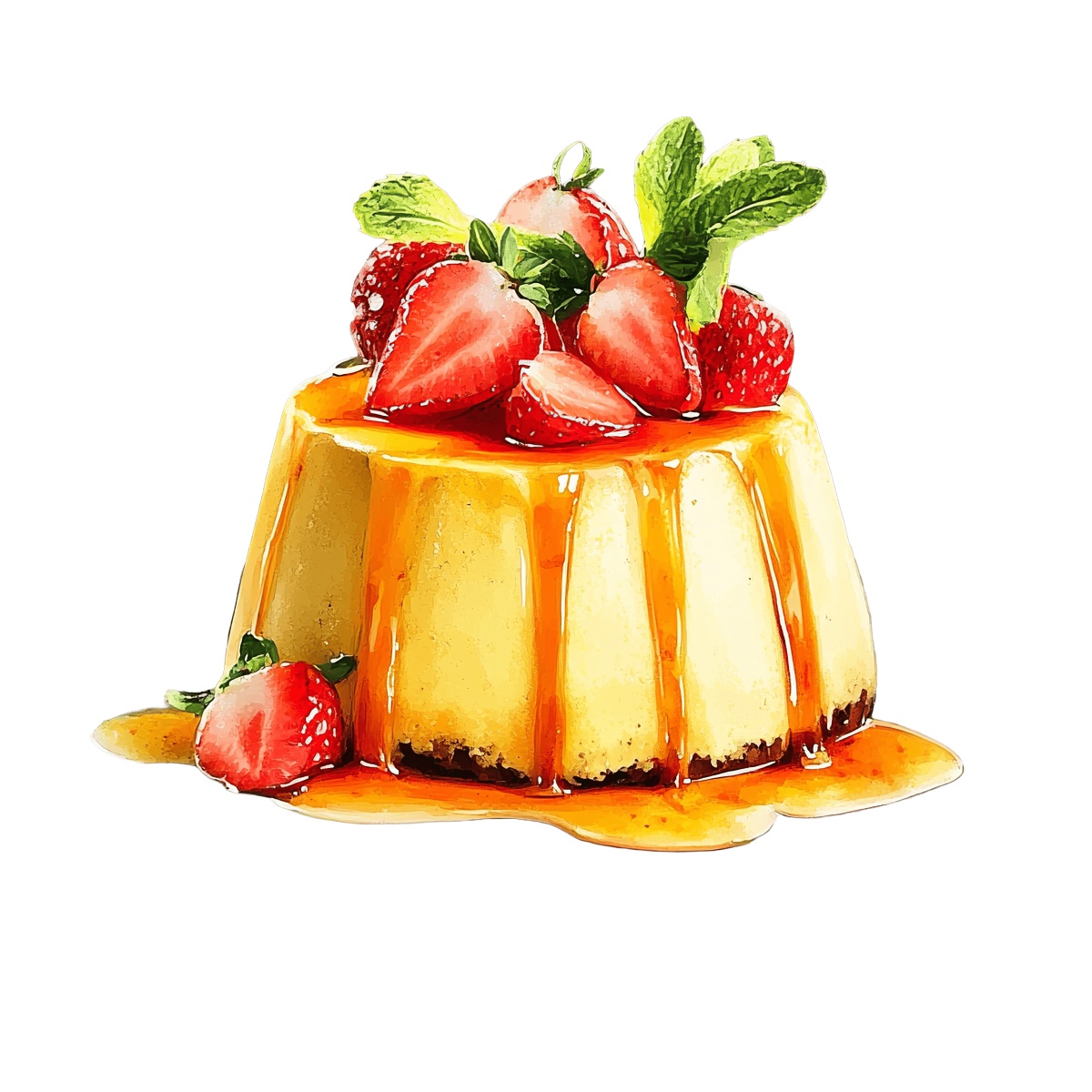 Caramel flan with strawberries and mint leaves on top