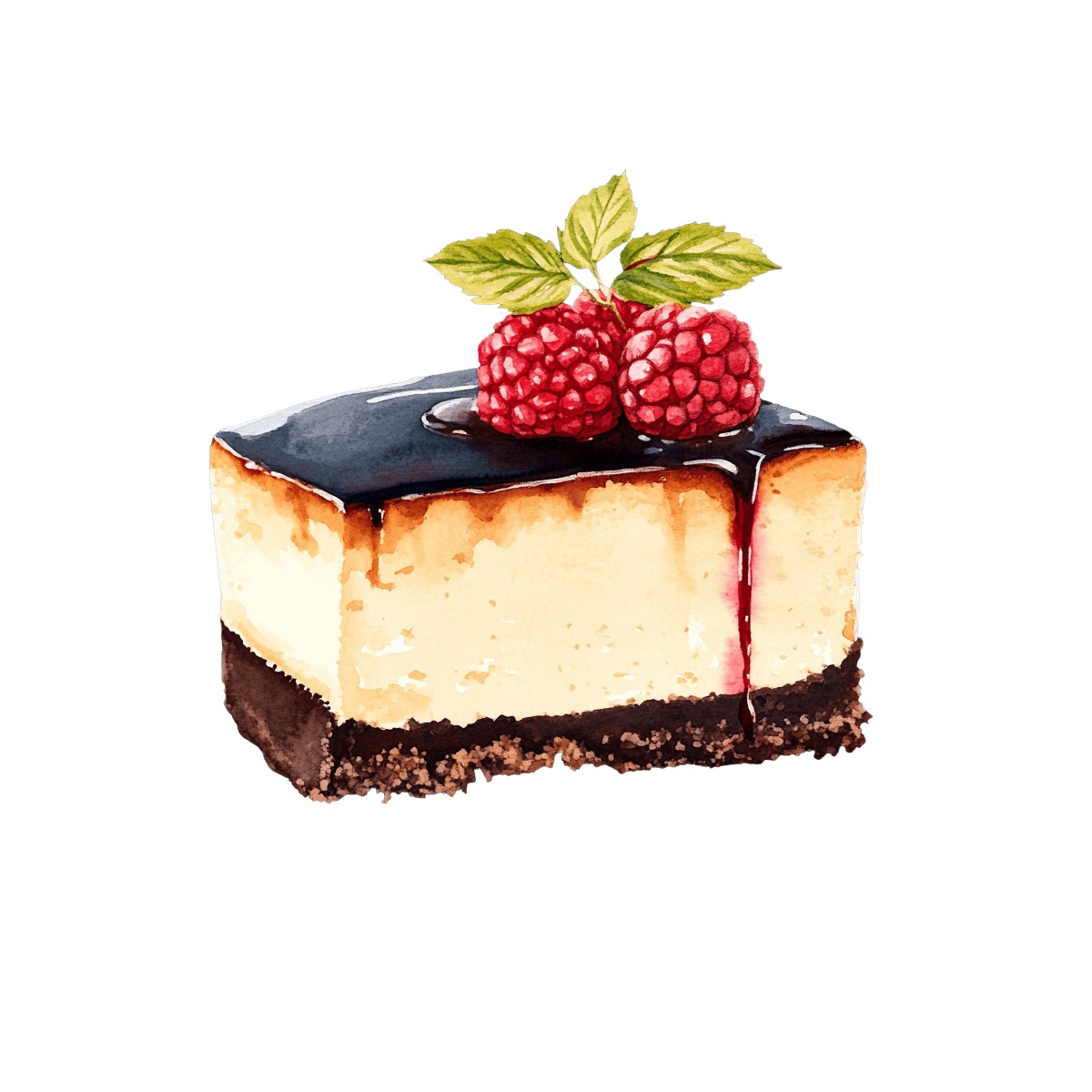 Cheesecake slice with chocolate glaze and raspberries on top.