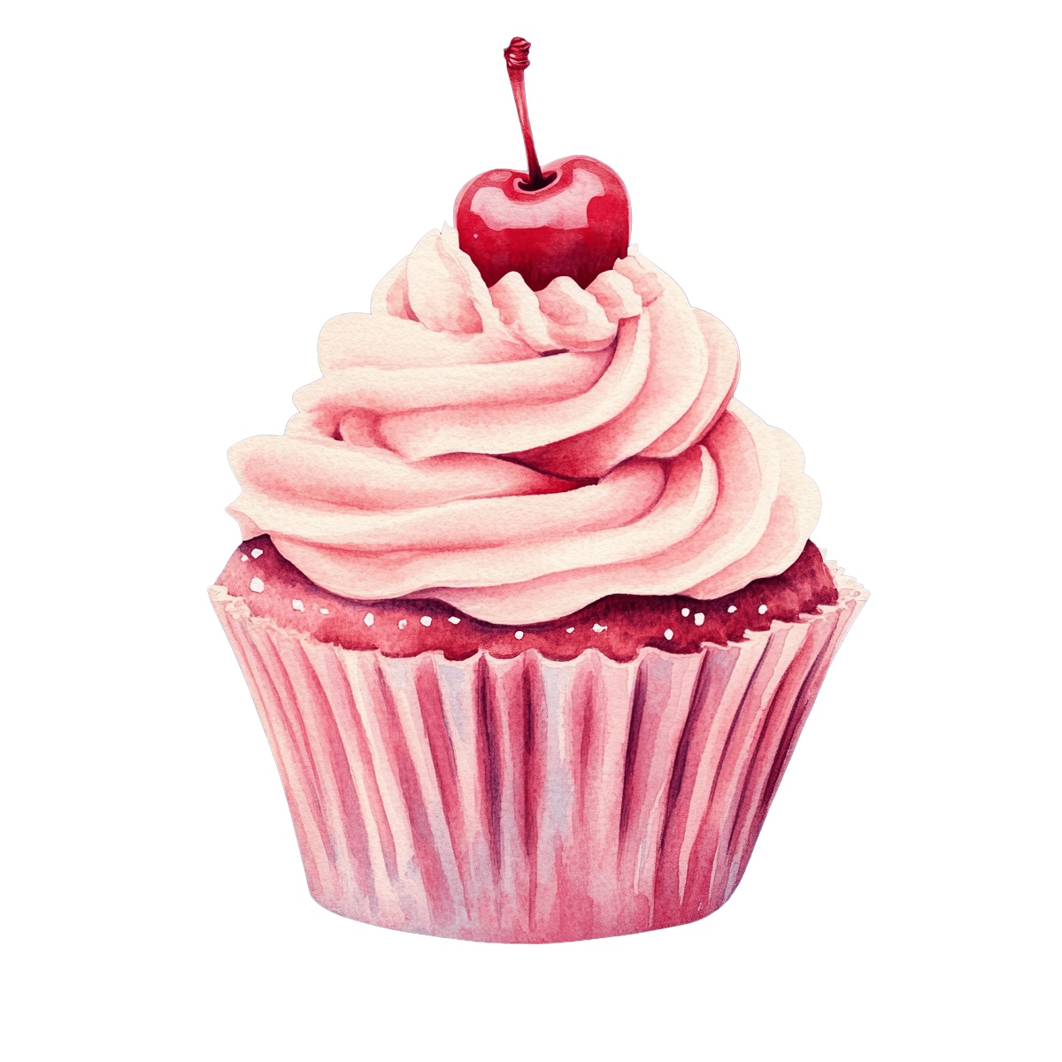 Cupcake with pink frosting, cherry on top, and sprinkles