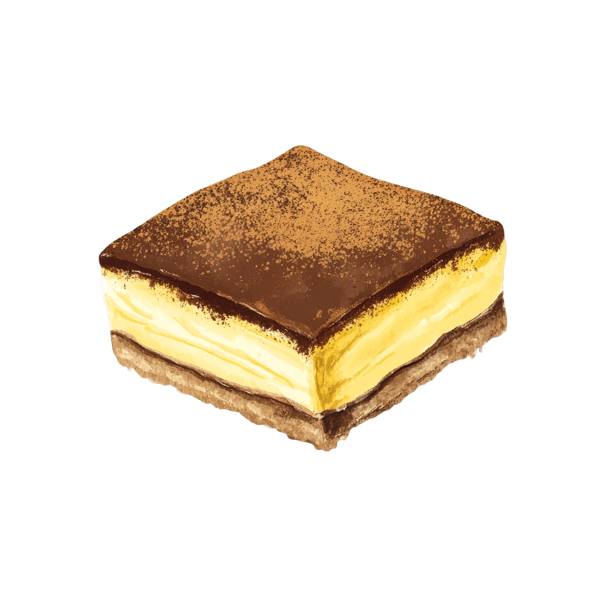 Chocolate and custard layered dessert square with biscuit base
