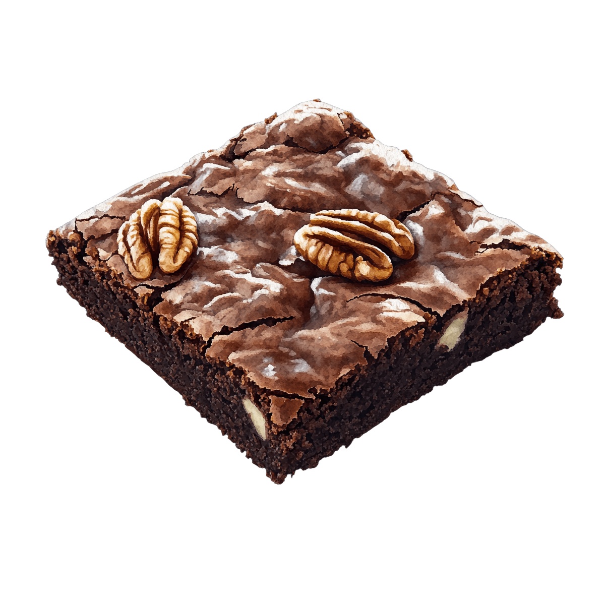 Chocolate brownie square with two pecan nuts on top