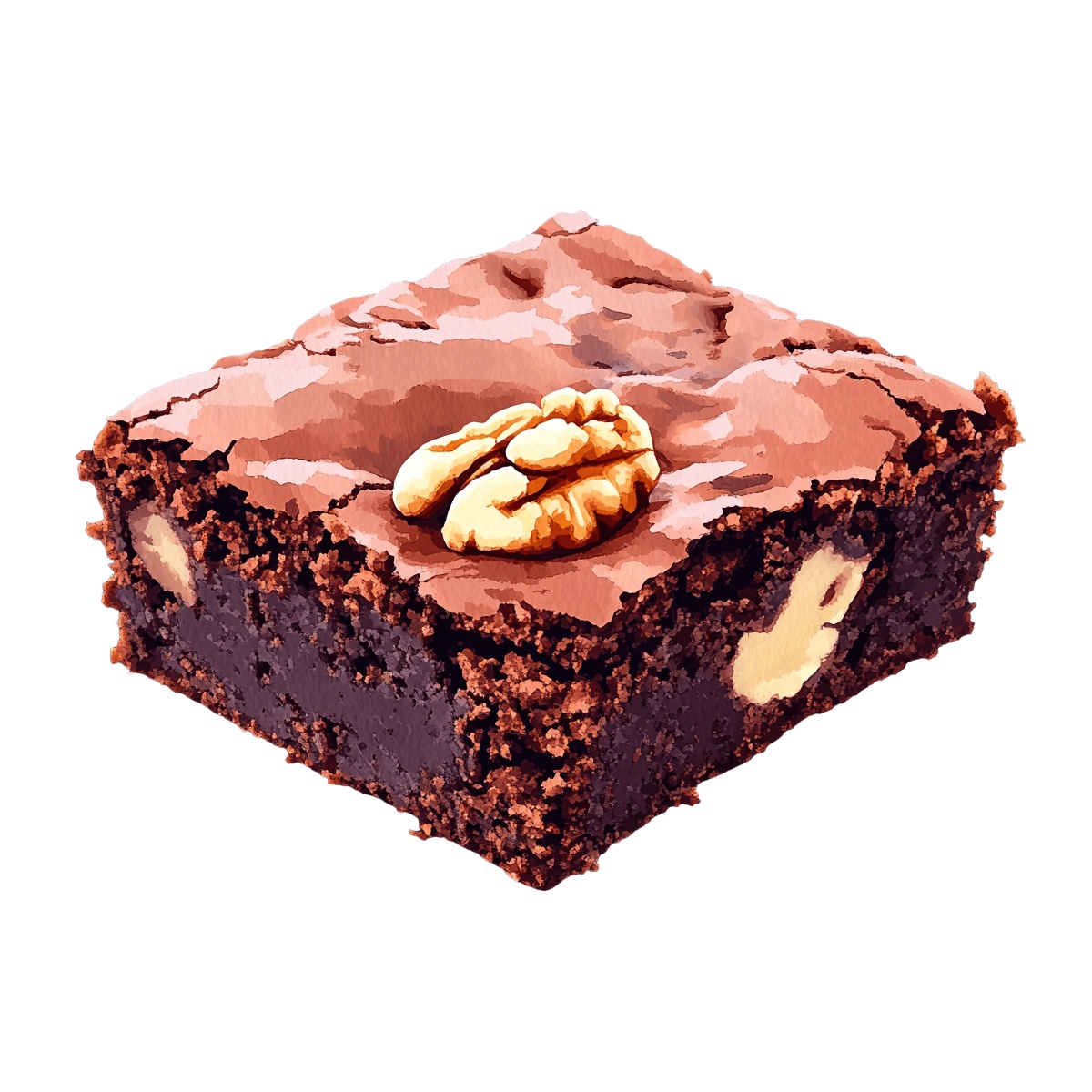 A chocolate brownie with a walnut on top, shown on a plain white surface.