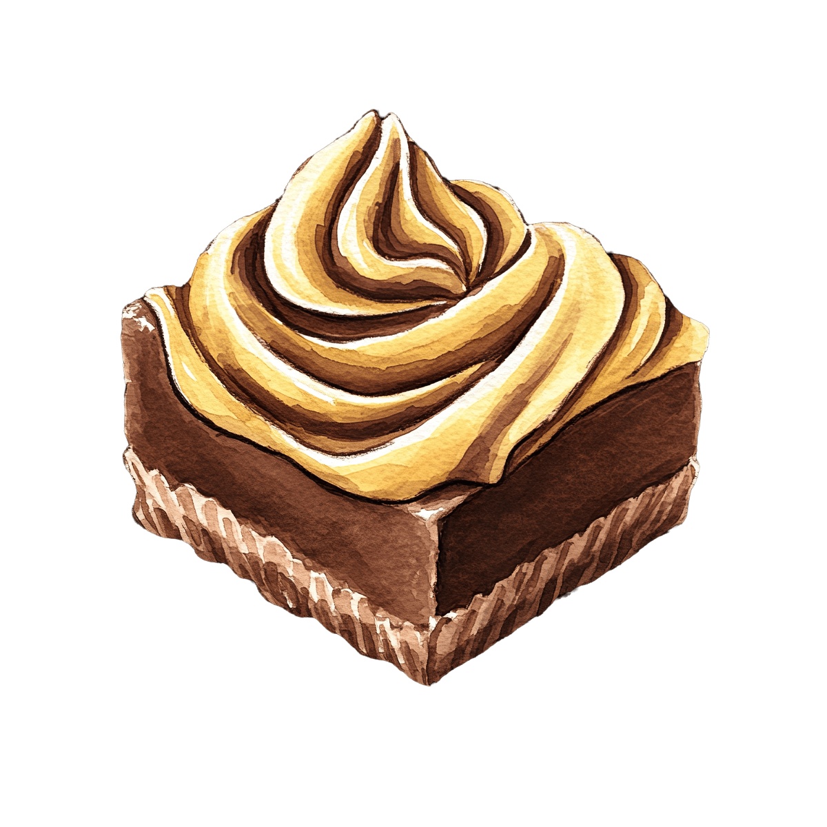 Chocolate brownie topped with swirled caramel frosting in a clipart style