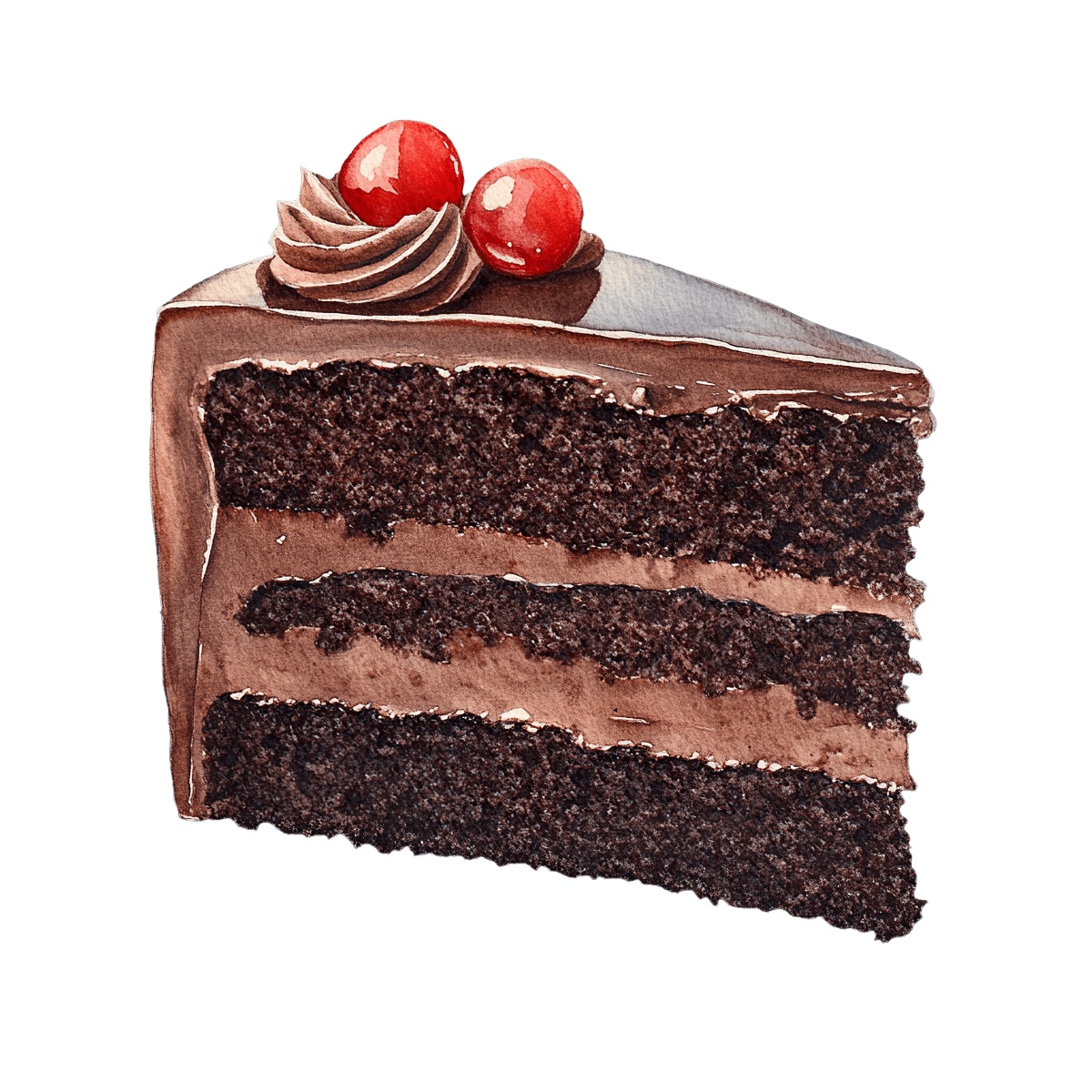 Chocolate cake slice with frosting and cherries on top