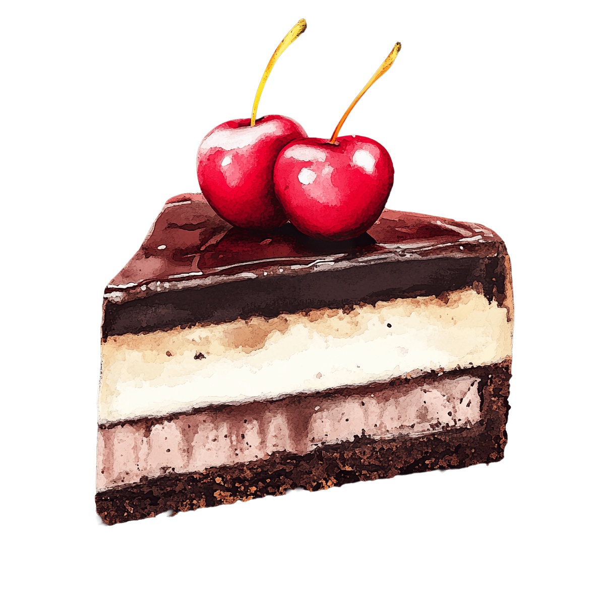 Slice of chocolate cake with two cherries on top.