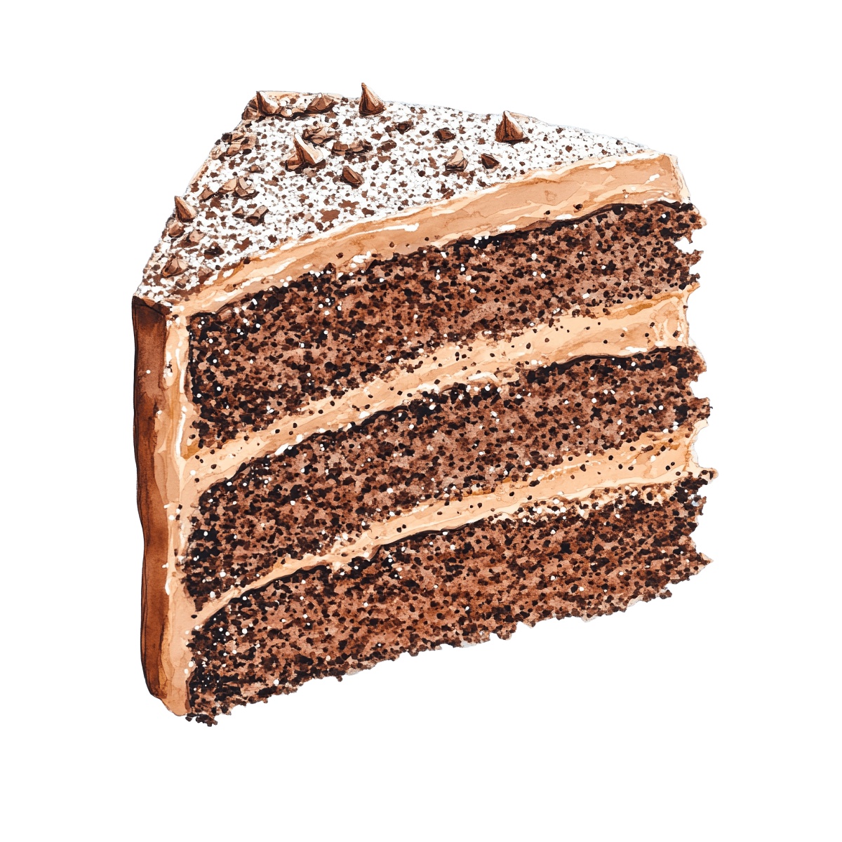 Chocolate cake slice with cream layers and sprinkled topping