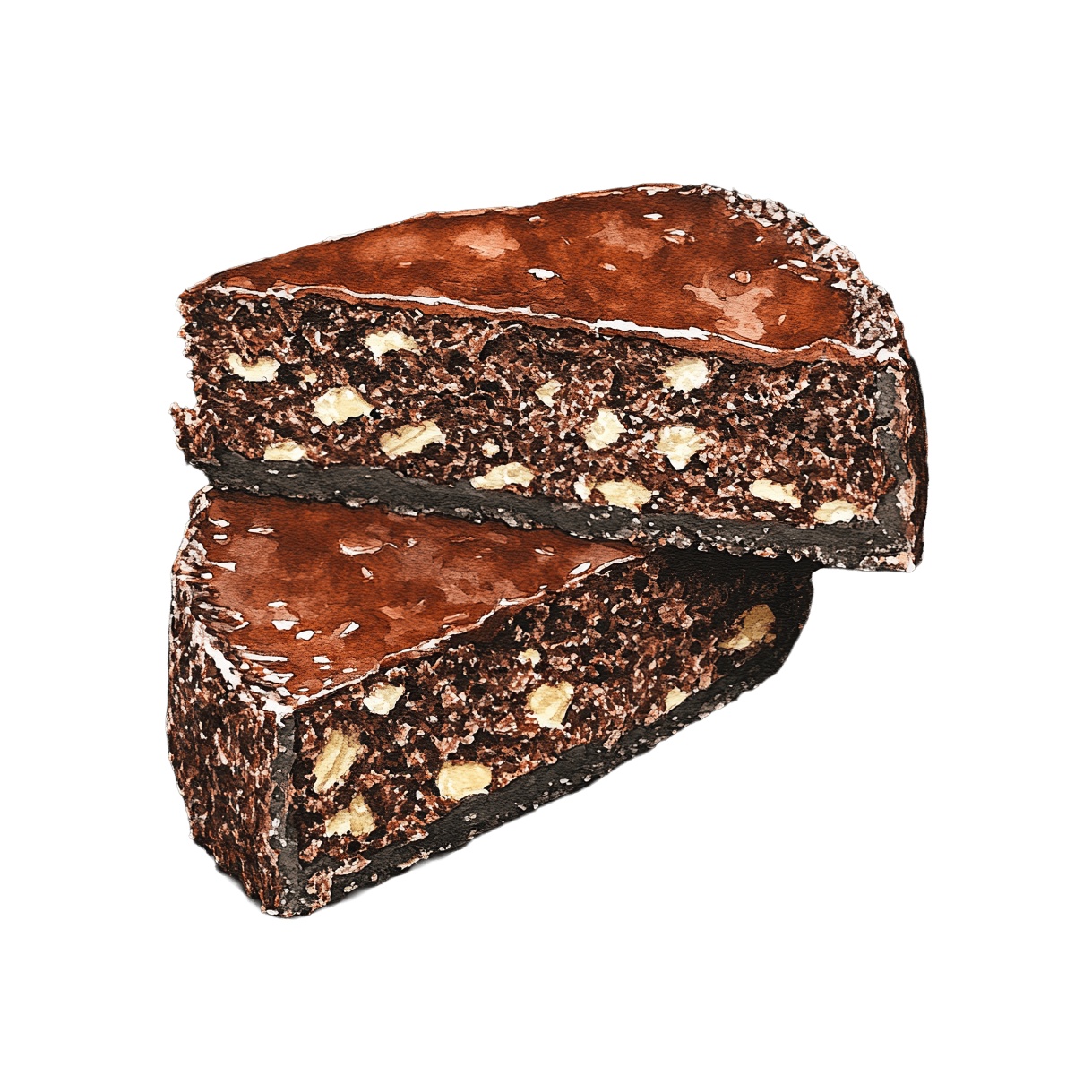 Two slices of chocolate cake with visible nut pieces inside.