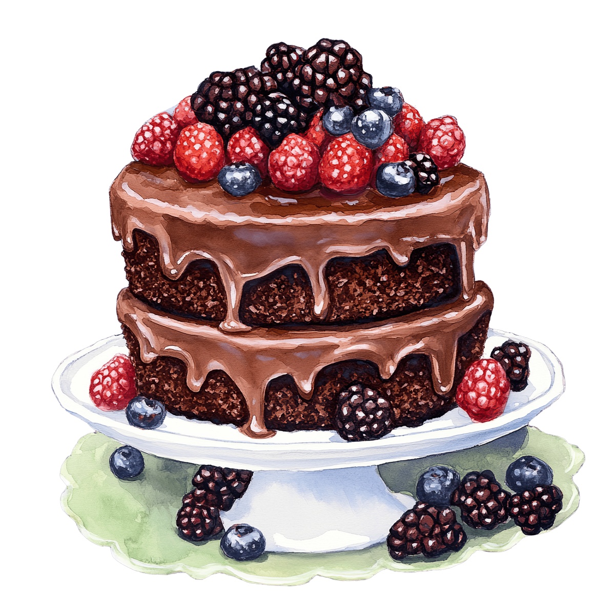 Chocolate layer cake with mixed berries on a white cake stand