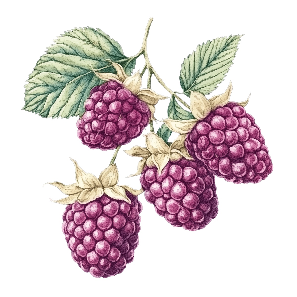 Ripe raspberries on a branch with green leaves