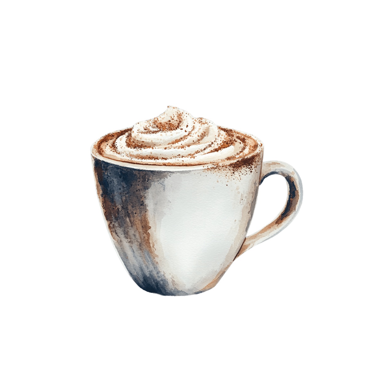 Coffee cup with whipped cream and cocoa powder topping.