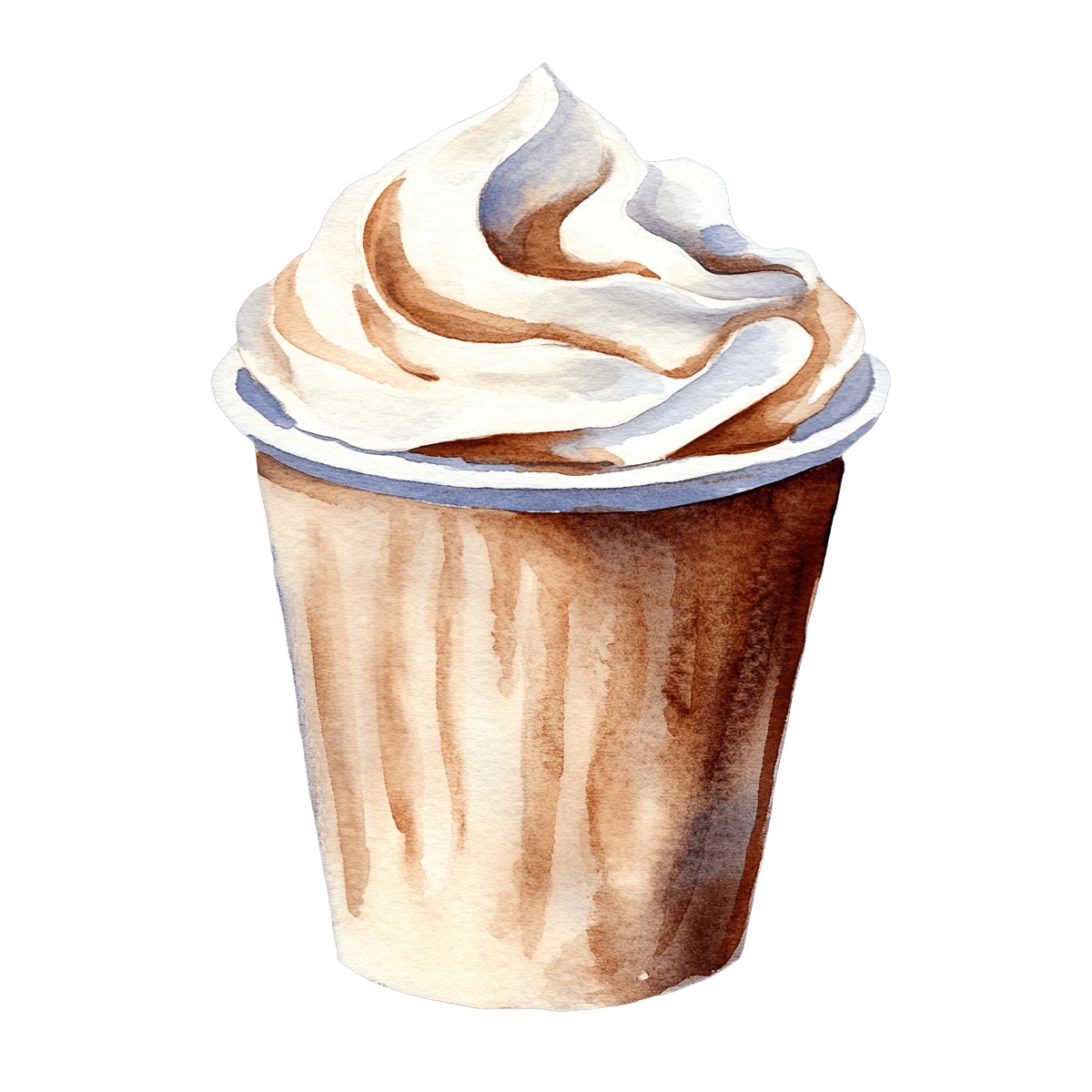 Coffee cup with whipped cream in watercolor style on a