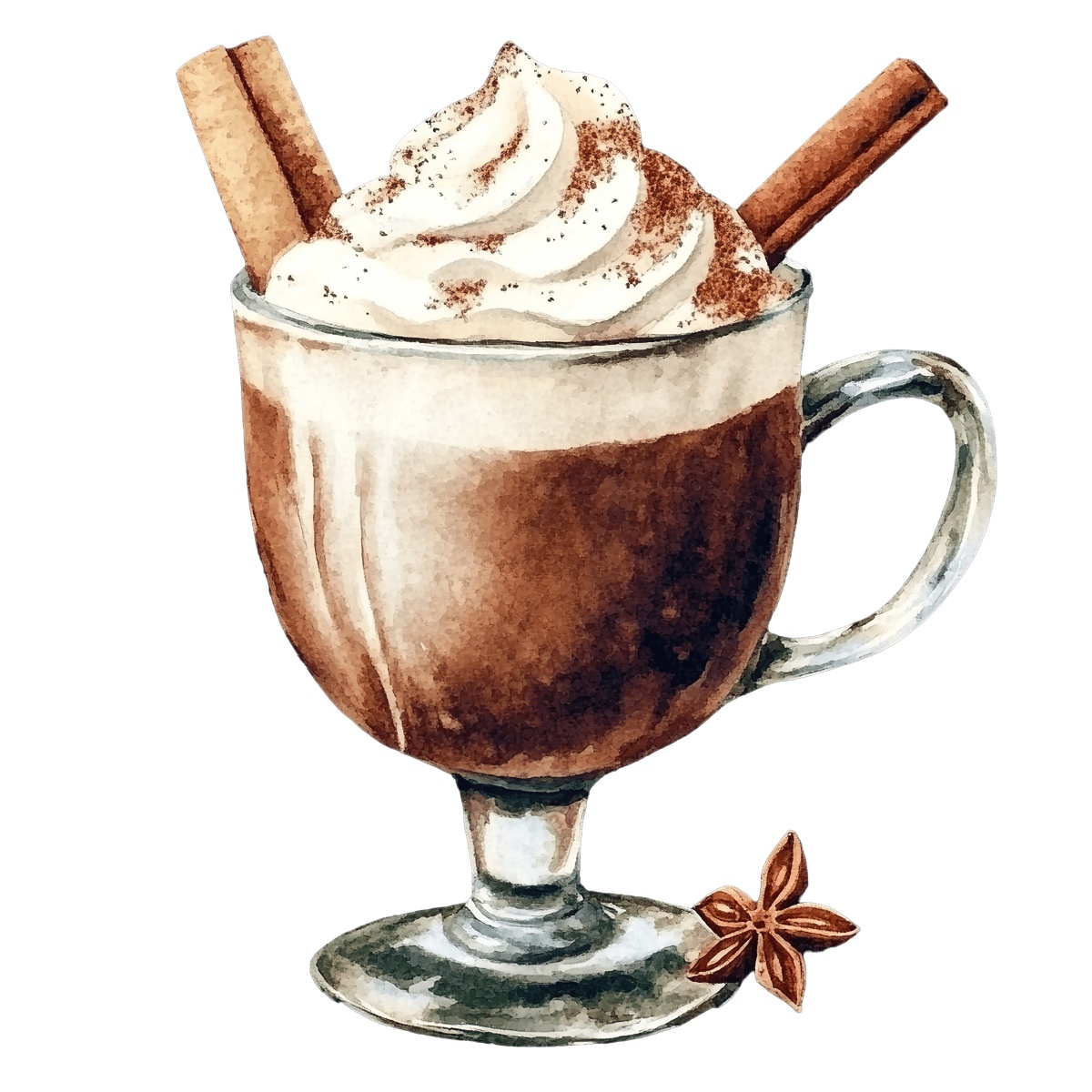 Coffee mug with whipped cream and cinnamon sticks on top