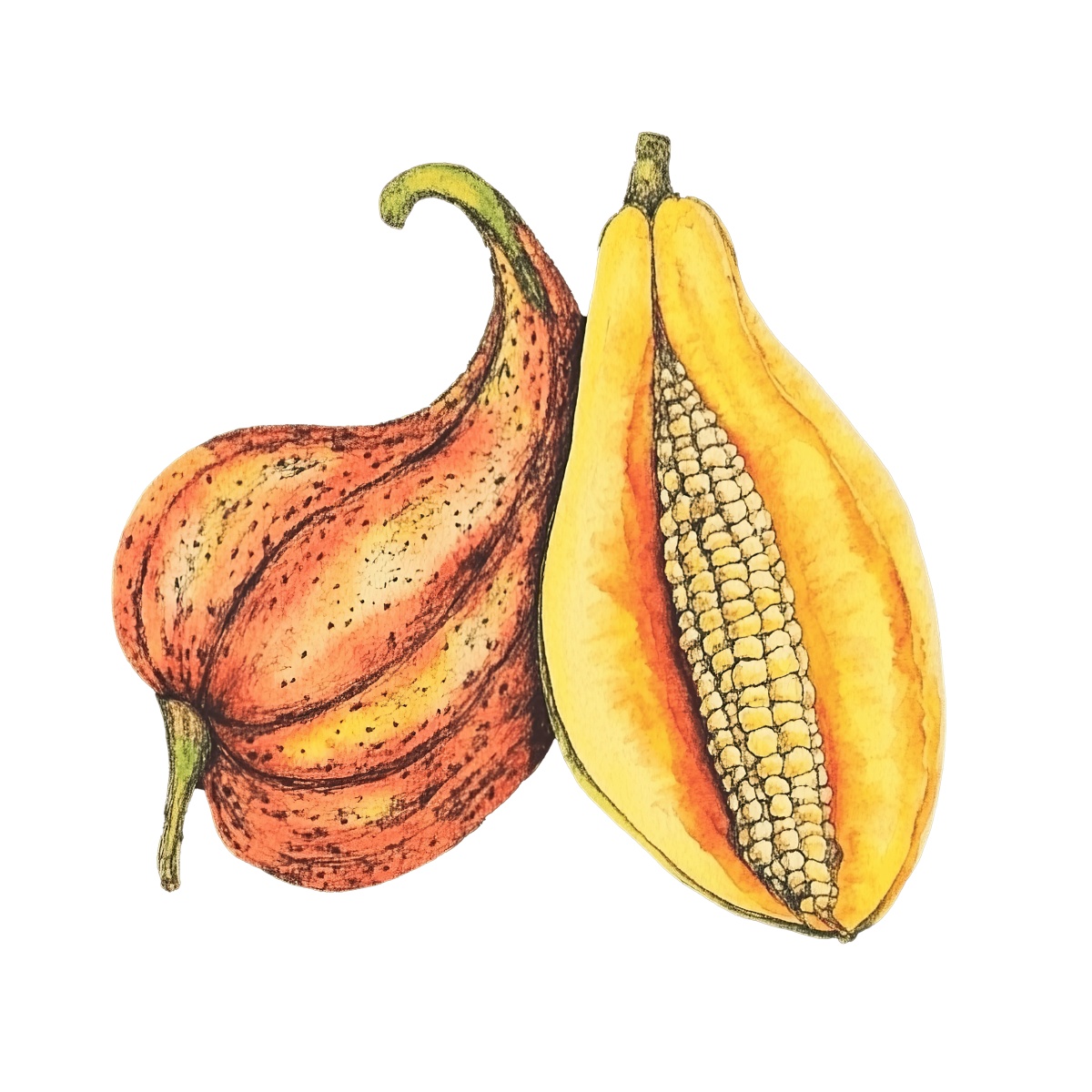 Corn and gourd clipart with vibrant colors and detailed texture.