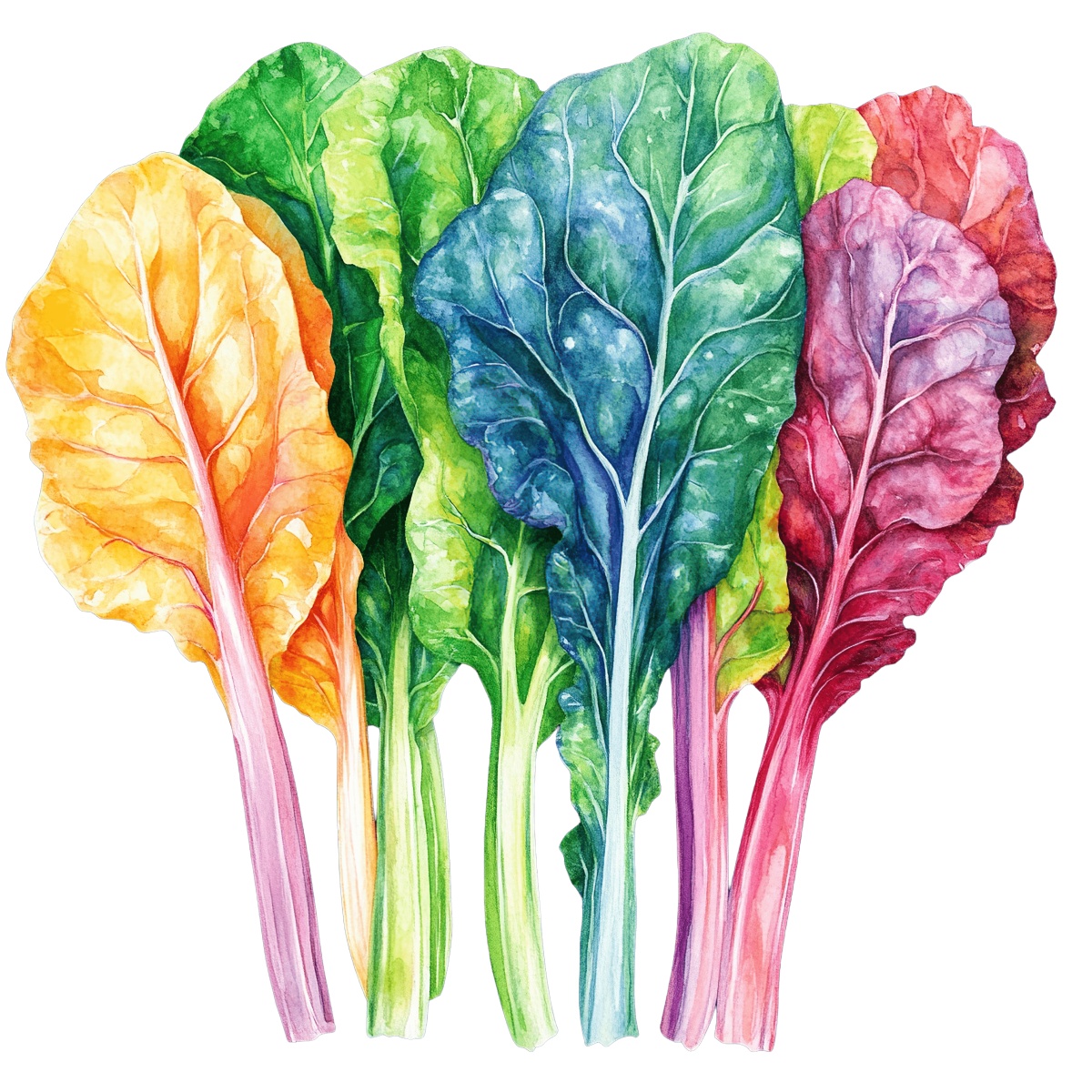 Vibrant watercolor Swiss chard leaves in various colors.