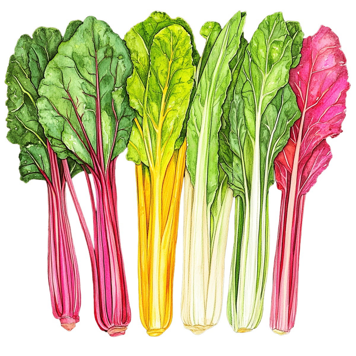 Swiss chard stalks in multiple colors with green leaves.