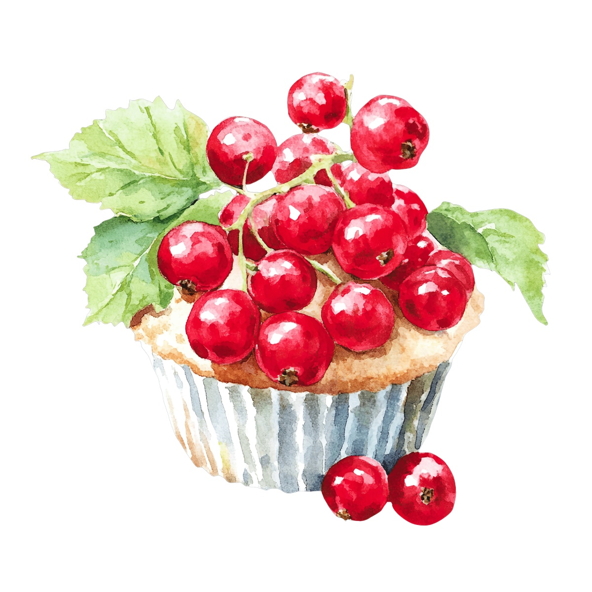 Cupcake with red berries and green leaves in a watercolor style.