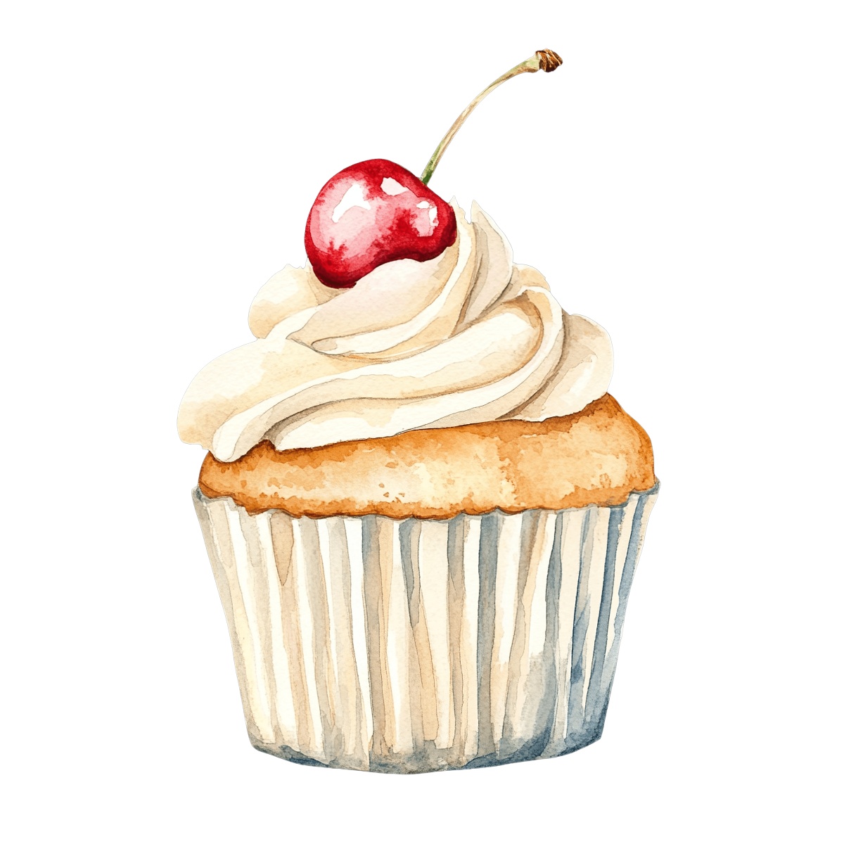 Cupcake with cream frosting and a cherry on top in watercolor style