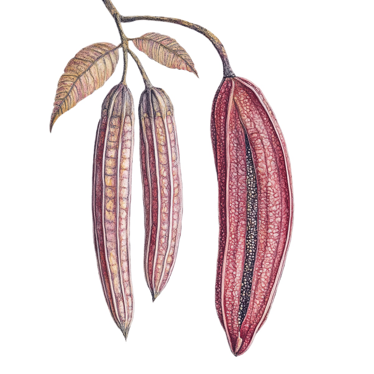 Botanical art of elongated seed pods with textured leaves.