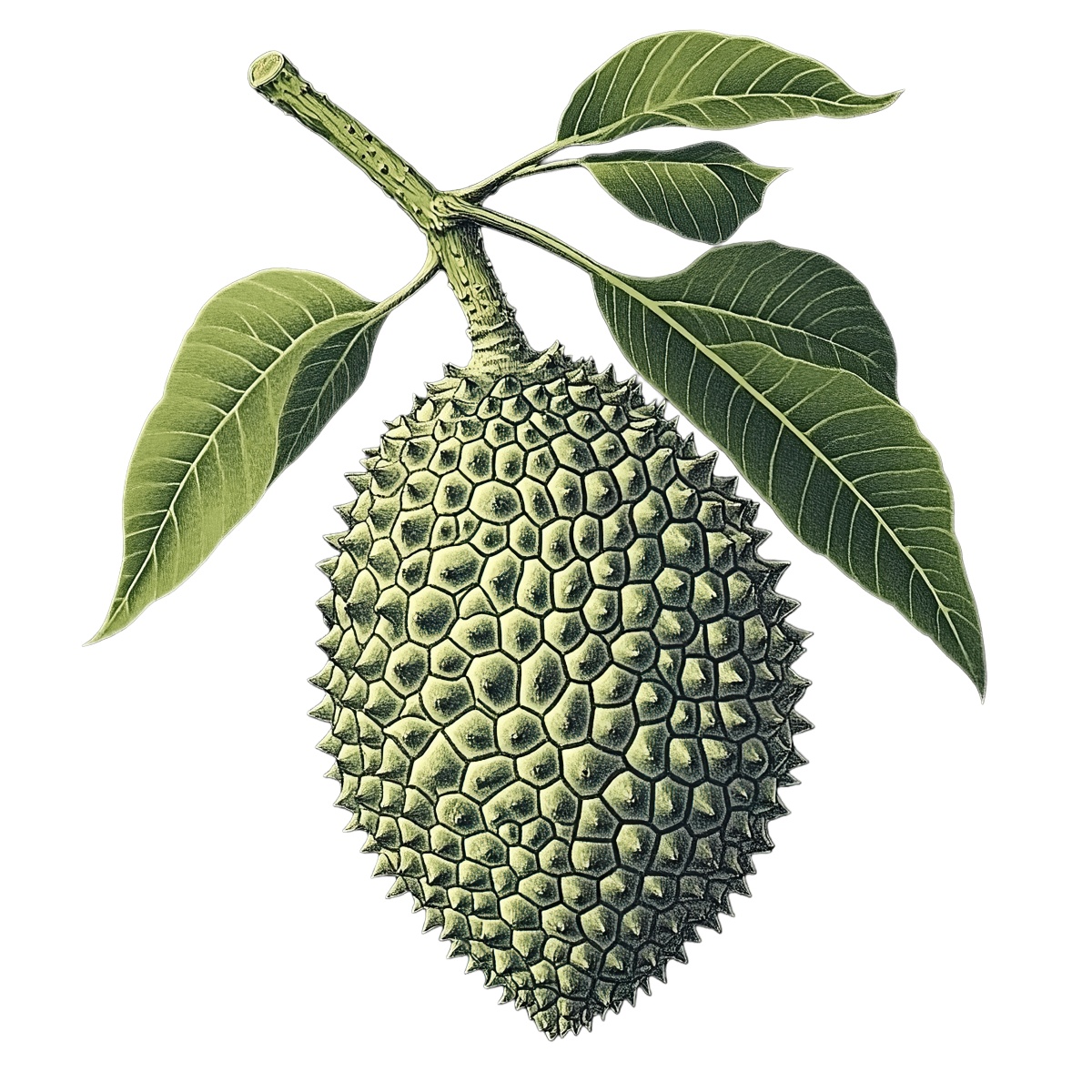 Durian fruit with spiky skin and green leaves in clipart style.