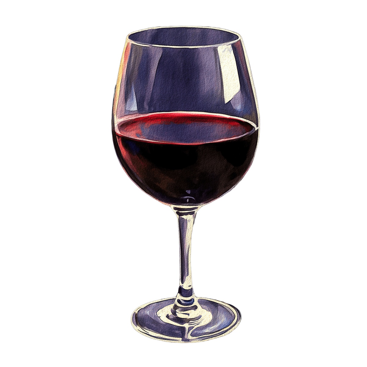 A glass of red wine filled with a deep burgundy liquid.