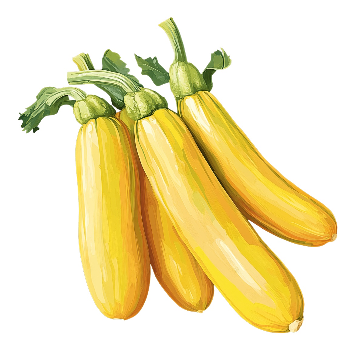 Four yellow zucchinis with green stems and leaves on display