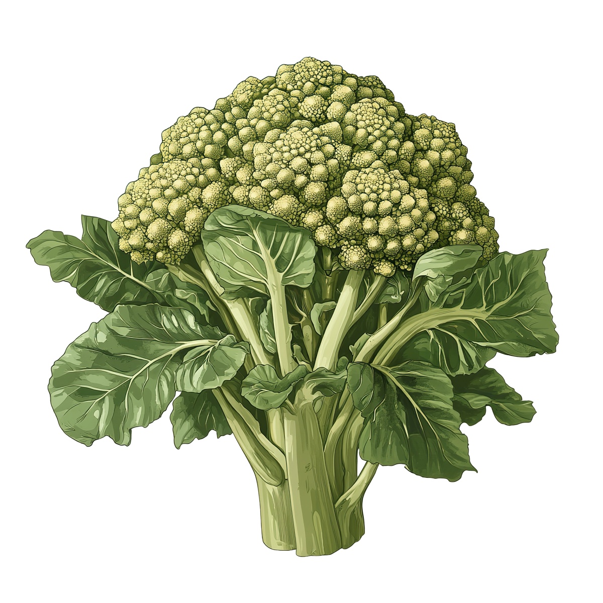 Green broccoli with detailed leaves and stems, highlighting its natural texture.