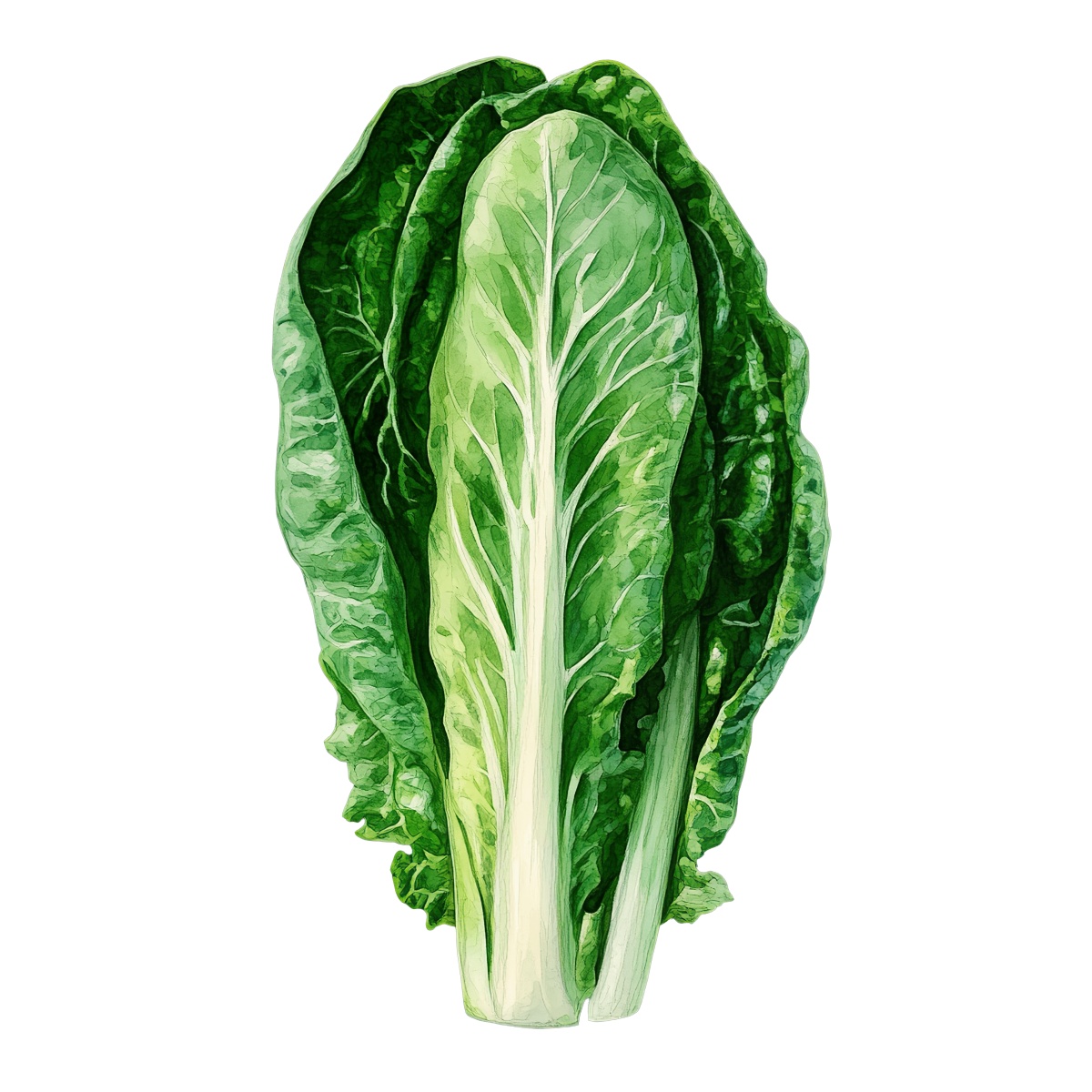 Romaine lettuce with green leaves and a sturdy white stem.