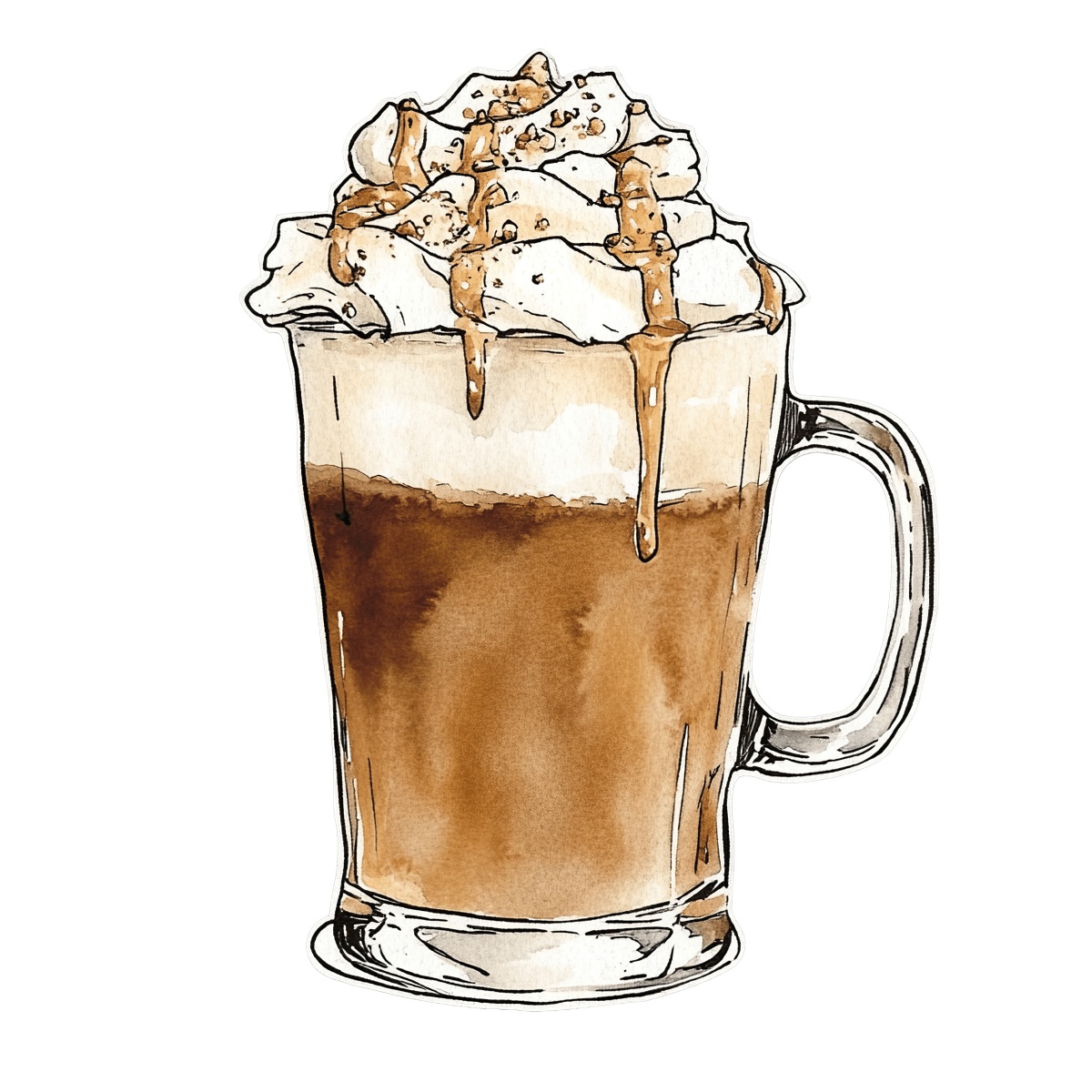 Glass mug of coffee topped with whipped cream and caramel drizzle