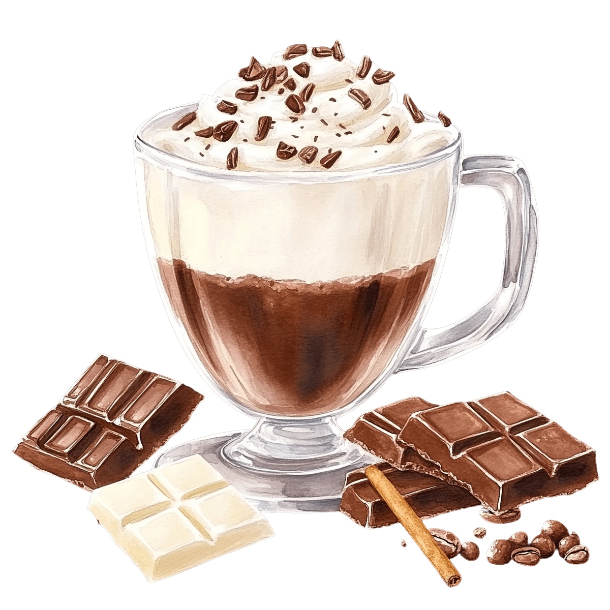 Glass mug of hot chocolate with whipped cream and chocolate bars around it