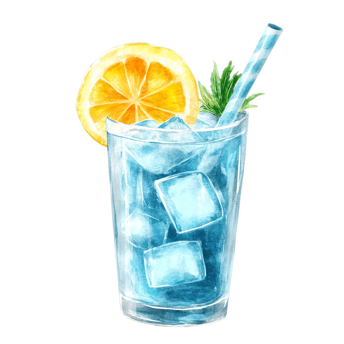 Glass of blue cocktail with ice cubes, lemon slice, and straw
