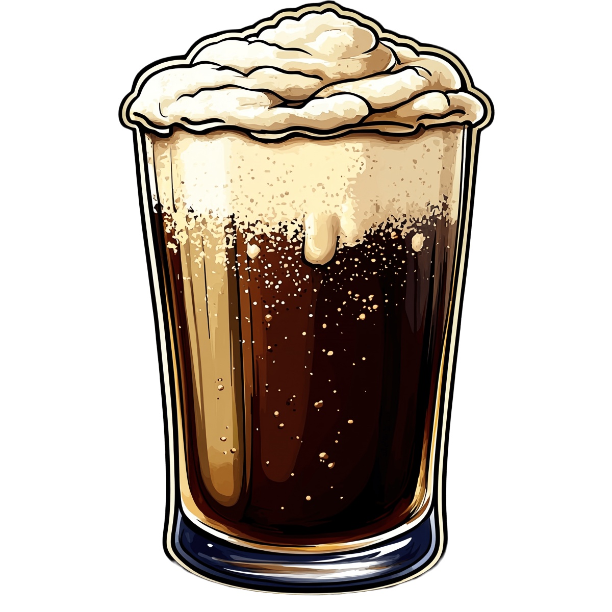 Glass of dark beer with a frothy foam head on top.