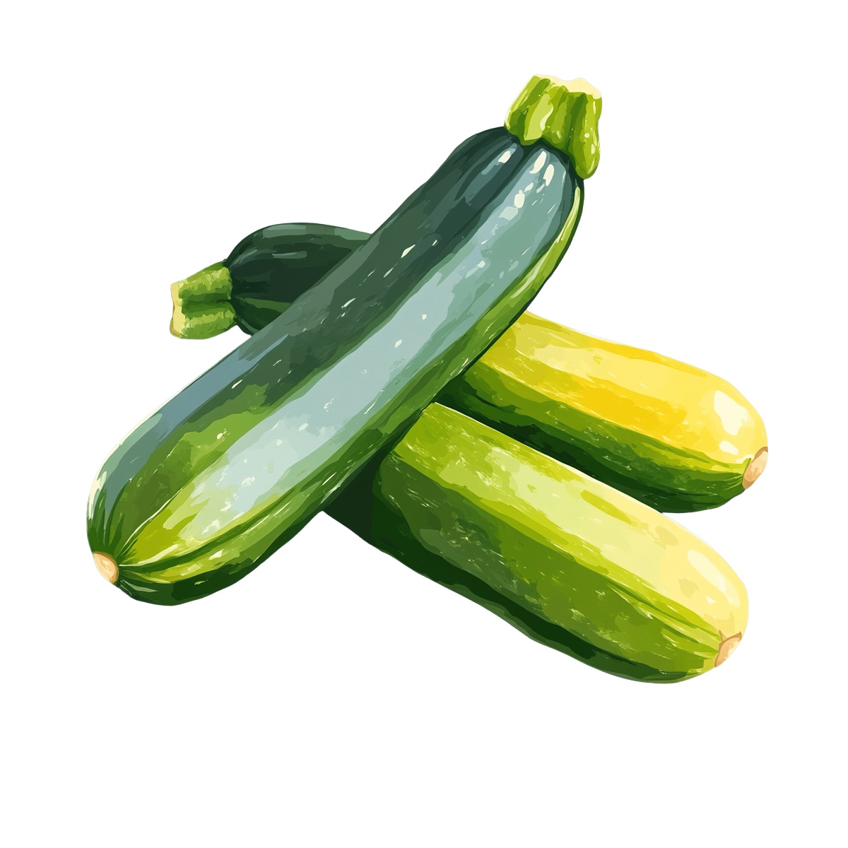 Green and yellow zucchinis clustered together in a detailed clipart style