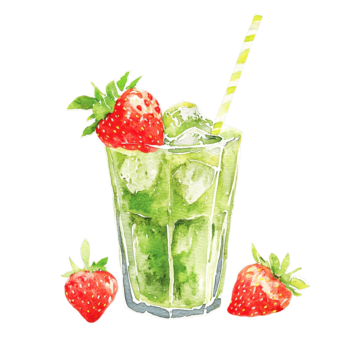 Green smoothie in a glass with strawberries and ice cubes.