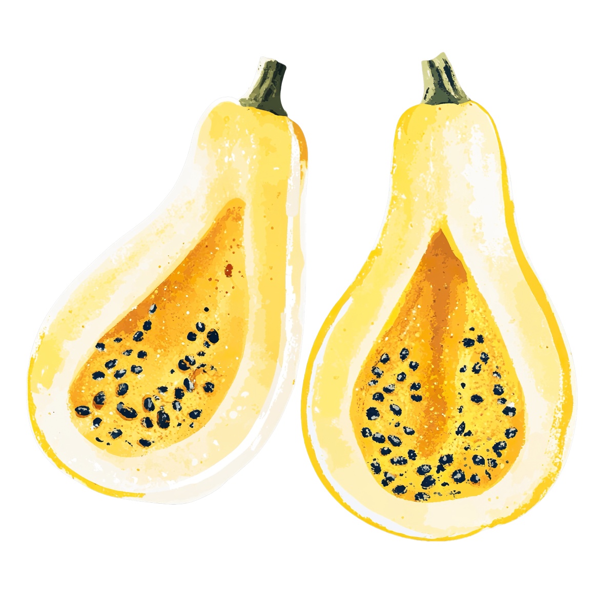 Two papaya halves displaying seeds and vibrant yellow-orange flesh.