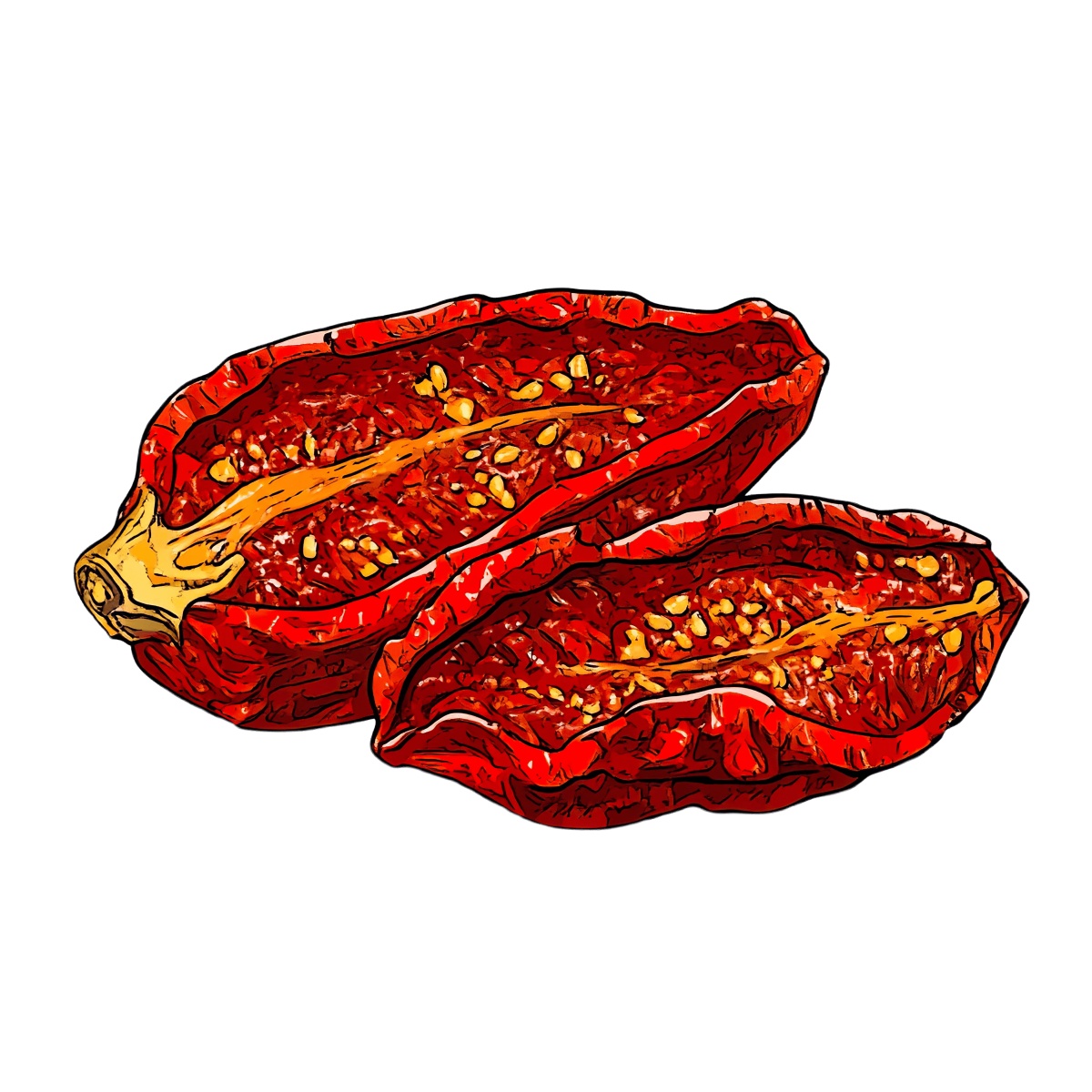 Halved red chili pepper with seeds visible inside, showcasing vibrant color.