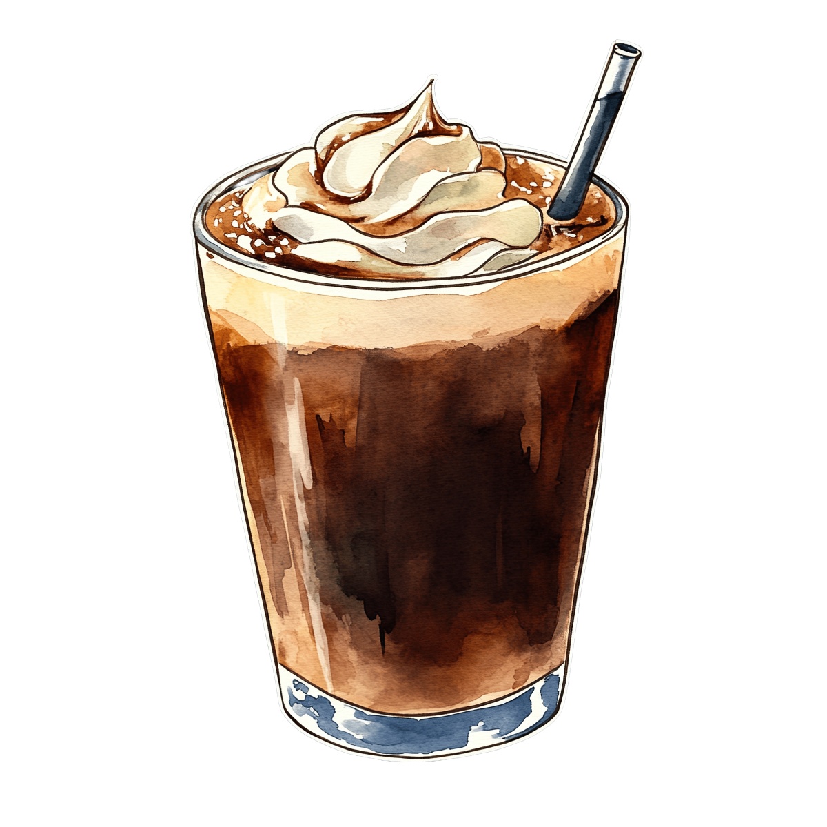 Iced coffee in a glass with whipped cream and a straw.